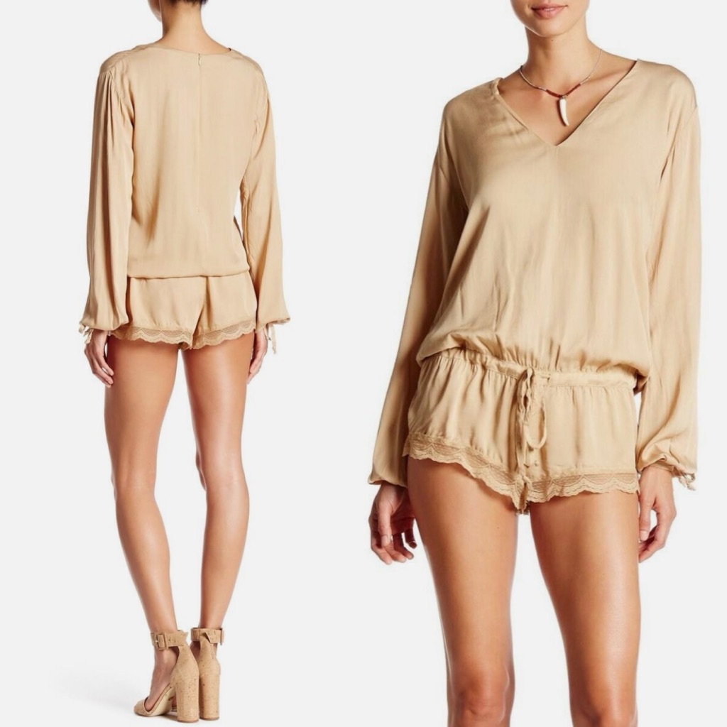 One Teaspoon Women's Small Vintage Priscilla Long Sleeve Romper Natural Beige
